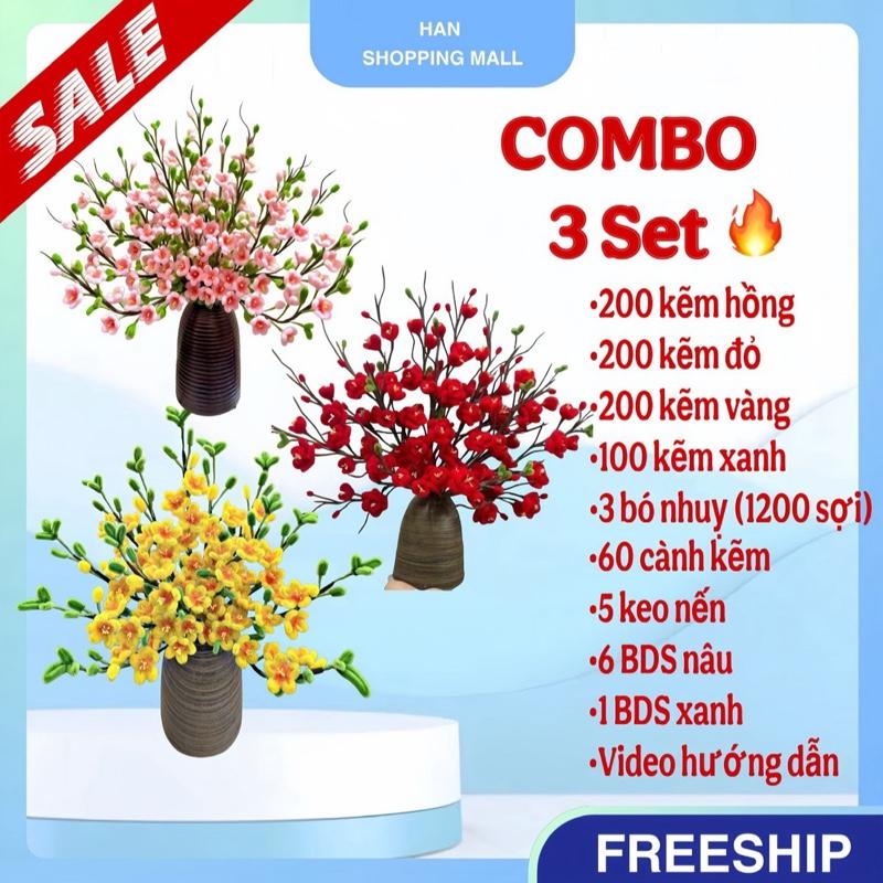 COMBO 3 Set hoa tết tự làm ĐÀO ĐỎ MAI VÀNG ĐÀO PHAI kẽm nhung tự làm handmade diy tiện lợi