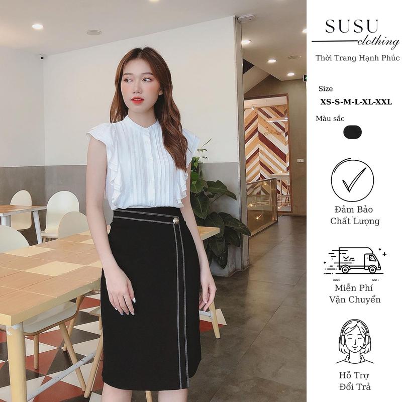 Chân váy công sở xẻ sau  Chân váy bút chì đắp tà TRẦN CHỈ phối 1 cúc sang trọng dài 68cm SuSu clothing