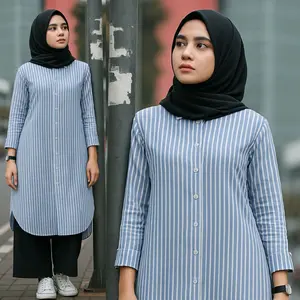 Poply Long Tunik Strip |  Atasan Tunik Panjang Muslim  Remaja Wanita Katun Motif Salur