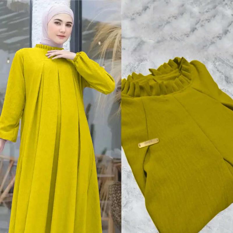 Abaya Gamis Lebaran Wanita  Dewasa Remaja  Muslim Crinkle Airflow - Nyaman dan Elegan - Mewah Tangan Kombinasi Lembut Kaftan Syari Dress Basic 4