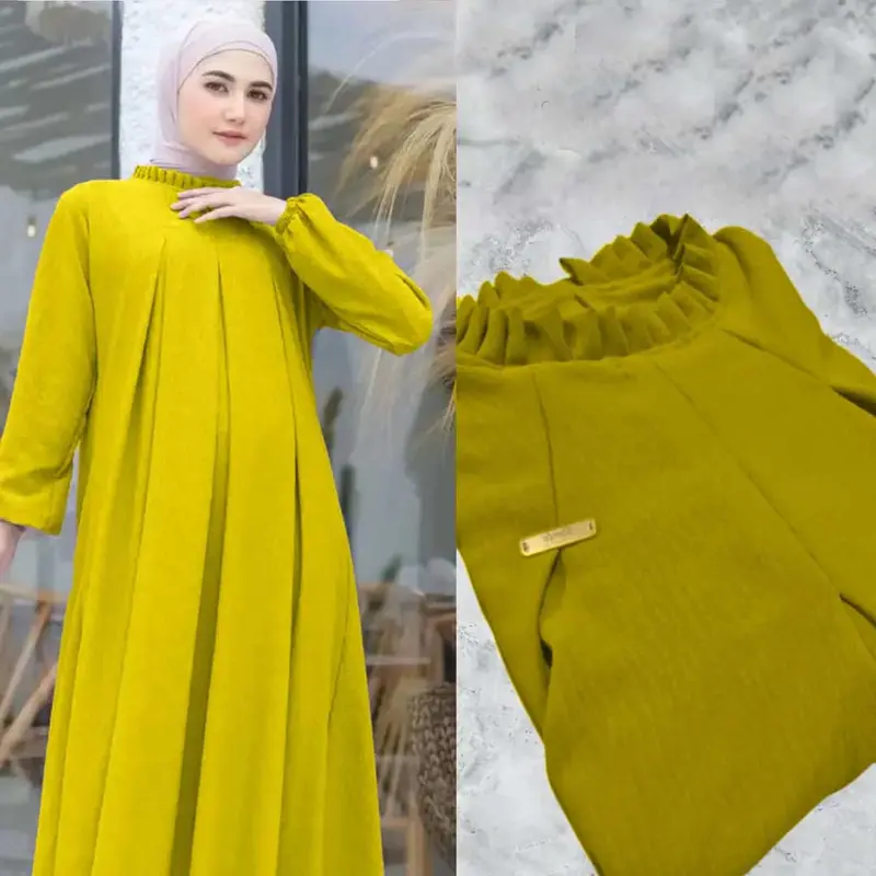 Abaya Gamis Lebaran Wanita  Dewasa Remaja  Muslim Crinkle Airflow - Nyaman dan Elegan - Mewah Tangan Kombinasi Lembut Kaftan Syari Dress Basic 4