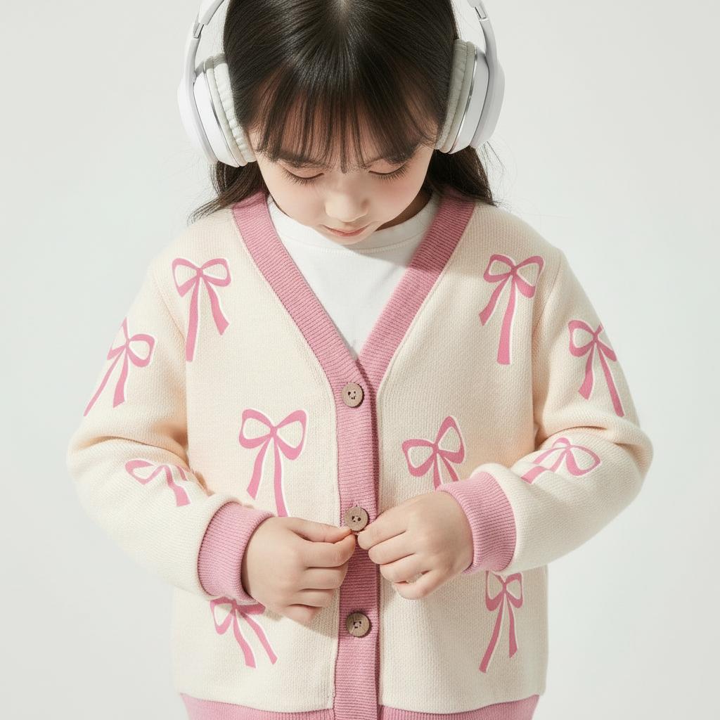 CAIFU Jaket Cardigan Pita Cream Anak Perempuan Lengan Panjang Y2K Usia 3-12 Tahun Bahan Lembut Halus Nyaman Adem Variasi Warna Pastel Cantik Fashion