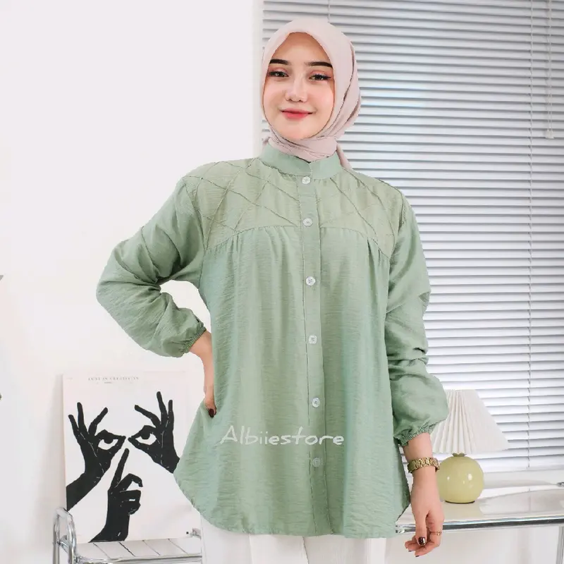Kemeja Wanita LAURA Lengan Panjang Bahan Pololinen Baju Atasan Cewek Variasi Kancing Belakang 1