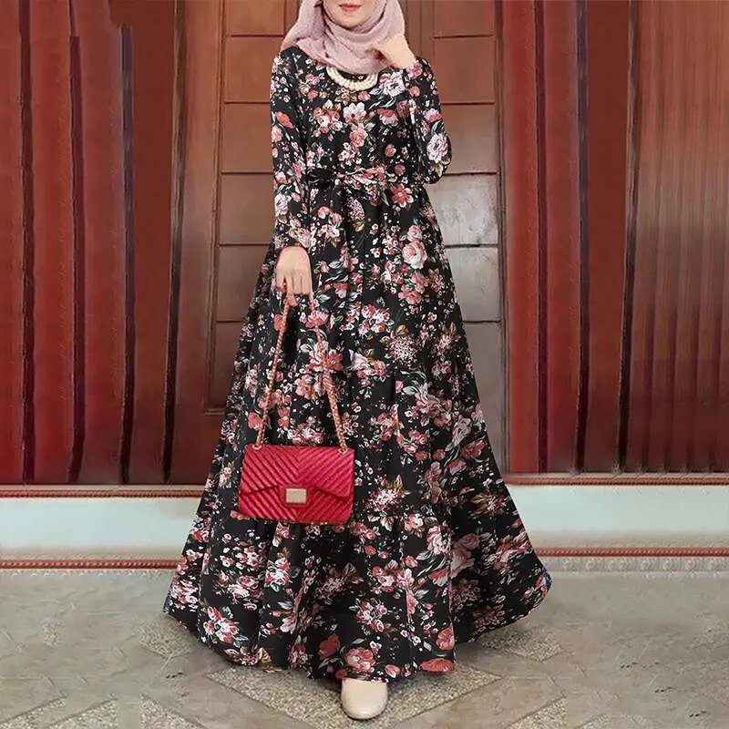Gaun musim panas dengan cetakan Bunga, elegan, Muslim, dengan tali pinggang