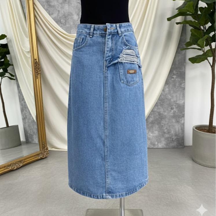   TẶNG ĐAI  Chân Váy Jean Dáng Dài Rách Nửa Túi Mác Denim  Chân Váy Bò Lưng Cao Vải Jean Mềm M012 Women Voan Voi 