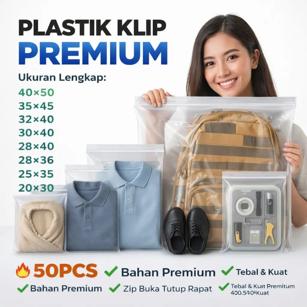 Plastik KLIP Bening Tanpa Plong Ziplock 20x30 ~ 25x35 ~ 30x40 ~ 28x36 ~ 32x40 ~ 35x45 ~ 40x50 [50 Lembar] untuk Packing Dress Baju Sepatu & Fashion