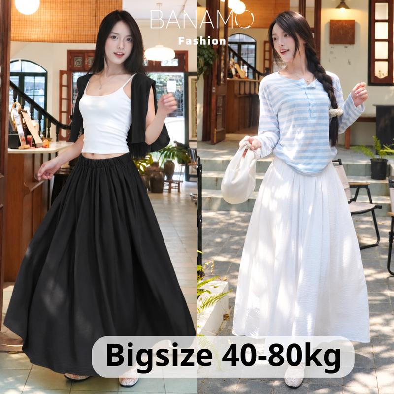 Chân Váy Midi Xòe Bigsize Cạp Chun Banamo Fashion - Chân váy nữ BIGSIZE chất đũi vân mây nhiều màu siêu xinh, co giãn thoải mái, che bụng Hack Dáng Cho Nàng 521