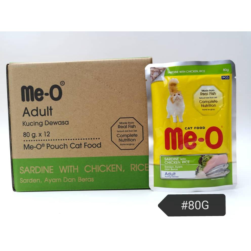(48xPacks) Me-O Pouch Adult Wet Cat Food Feed 80gram Sardine with Chicken and Rice Makanan Kucing
