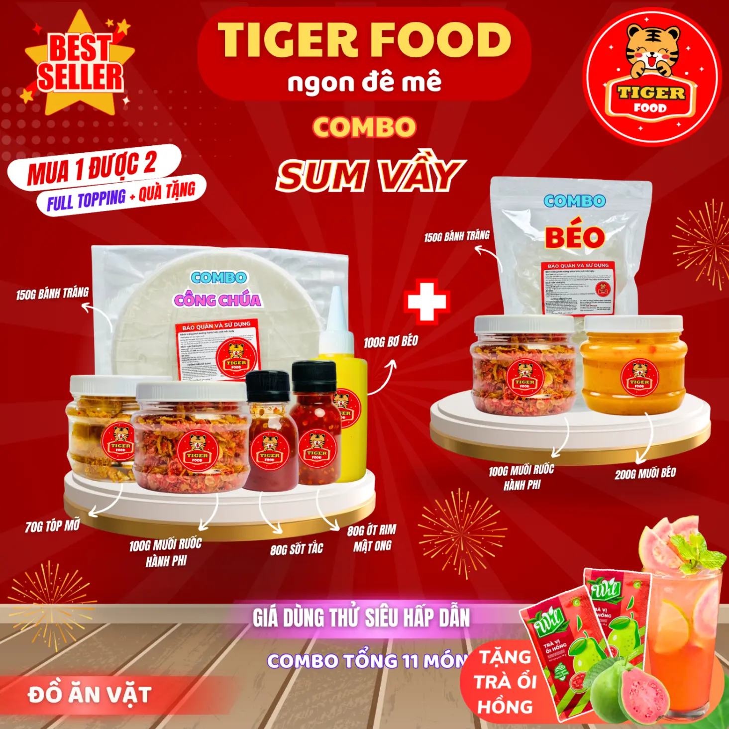 Combo Sum Vầy - Bánh Tráng Phơi Sương Tiger Food - Combo Công Chúa (06 Món) + Combo Béo (03 Món) Muối Ruốc Hành Phi - Muối Béo - Tóp Mỡ - Sốt Tắc Chua Ngọt + Tặng Kèm 02 Gói Trà Ổi Hồng