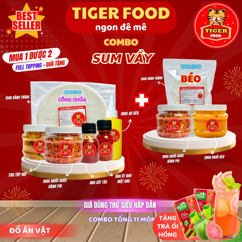 COMBO SUM VẦY - Bánh tráng phơi sương TIGER FOOD - Combo Công Chúa (06 món) + Combo Béo (03 món) Muối Ruốc Hành Phi - Muối Béo - Tóp Mỡ - Sốt Tắc Chua Ngọt + Tặng kèm 02 gói trà ổi hồng