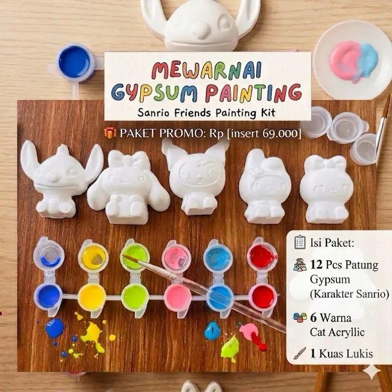 Mainan Gypsum Painting  Promo Mewarnai Sanrio Friends Painting Kit dengan 6 Warna Cat Acrylic dan 1 Kuas Lukis