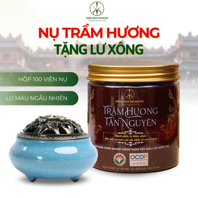 [TẶNG LƯ XÔNG GỐM] Nụ Trầm Hương Tân Nguyên Hộp Nắp Nhôm Cao Cấp 100 Viên, Trầm Sạch Huế Nguyên Chất Tự Nhiên OCOP 4 Sao - Thơm Tự Nhiên, Thư Giãn, Xông Phòng, Dùng Cúng, Thiền, Khử Mùi, Thanh Lọc Không Khí, Dễ Ngủ, Tĩnh Tâm, Khử Ẩm Mốc, Dầu Thơm Phòng