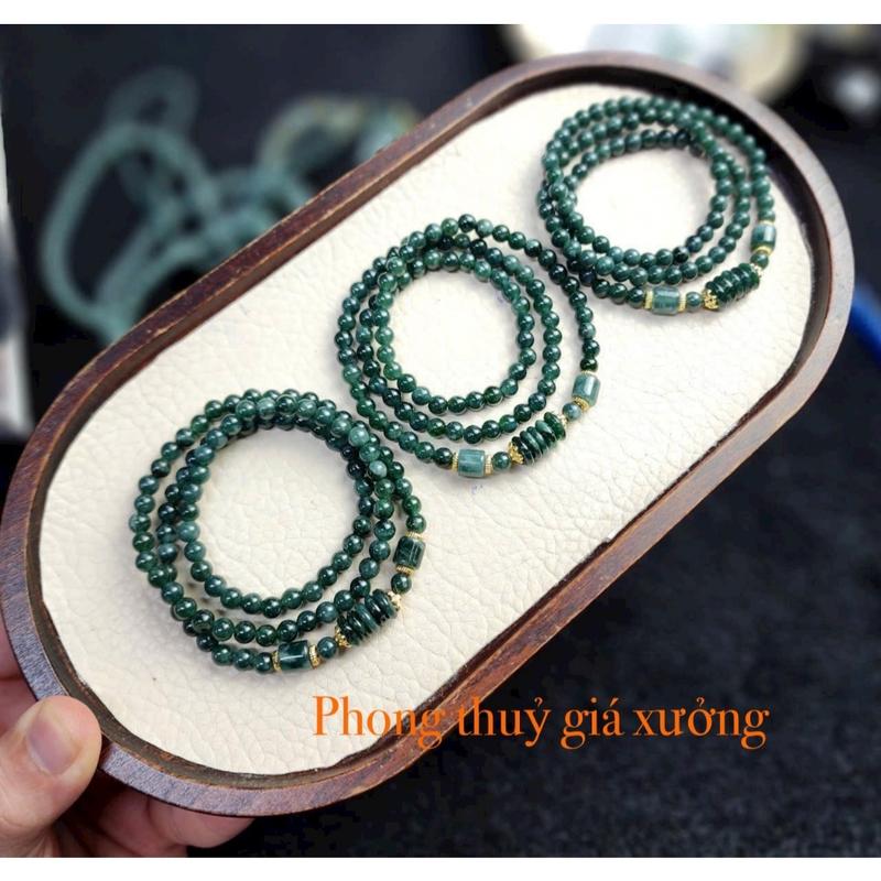 Chuỗi Vòng Quấn 3 Đa Lam Ngoc Jadite A ~5.5-6mm Mix Charm Sdep Hàng Kiểm Định