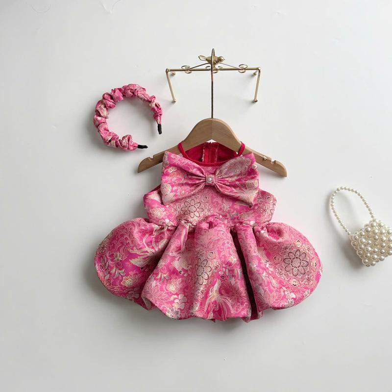  Váy Bí Hai Dây Gấm Taffa Hồng Cho Bé Yêu Kèm Xược Theo Set Sang Chảnh Cho Bé Từ SS - 15kg 