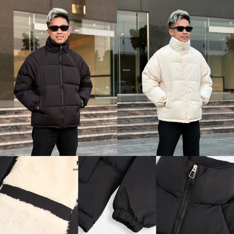 Áo Phao 3 Lớp Nam Nữ Trần Bông Lông Cừu Cao Cấp 2 Màu Đen Be Có Cổ Cao - SONOMEN