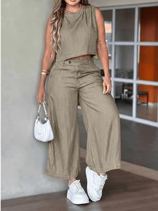 Conjunto de chaleco sin mangas con cuello redondo y pantalón de pierna ancha para mujer, comodidad casual de verano, uso diario, opción perfecta para primavera y verano