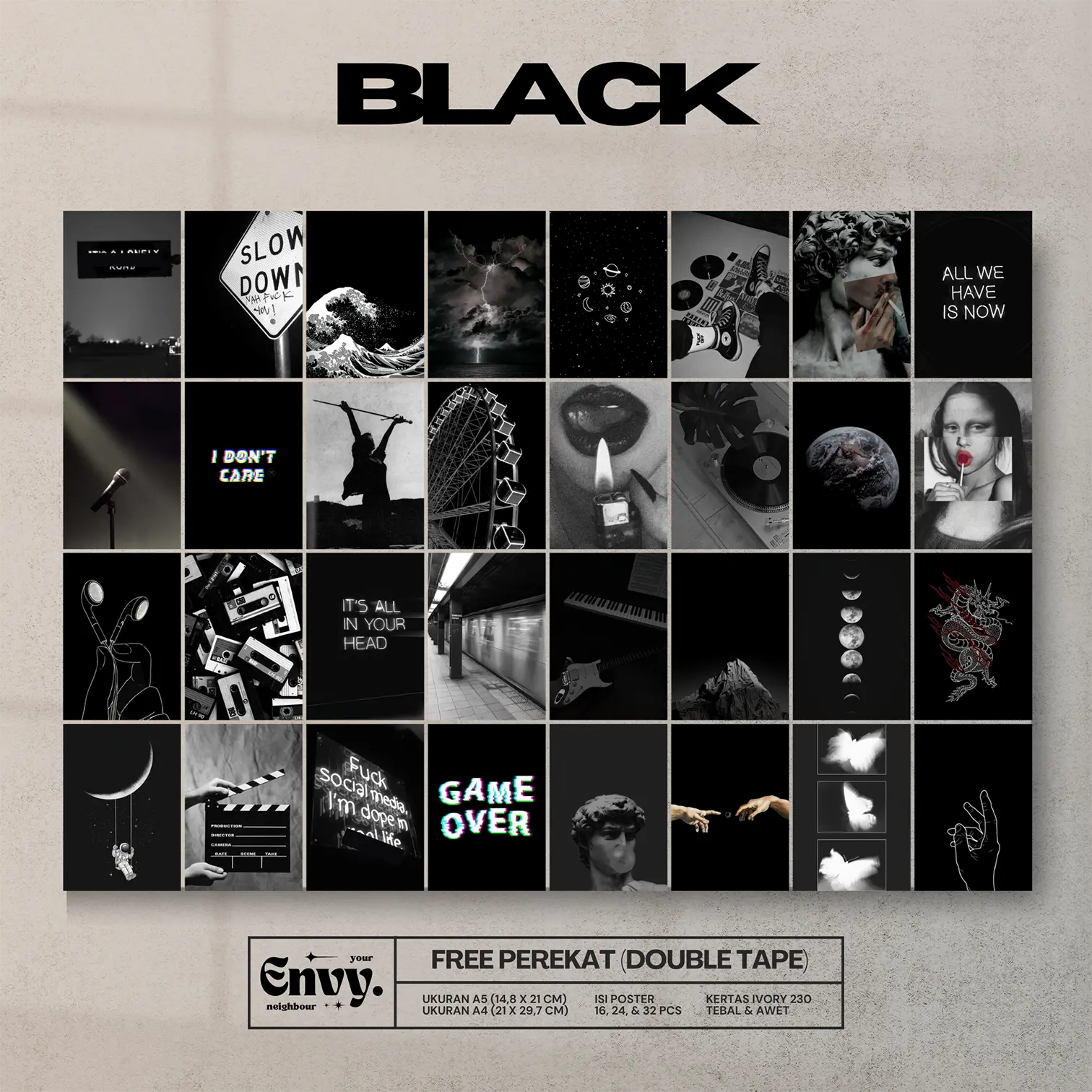 Poster Dinding Aesthetic Black (Isi 32 pcs)