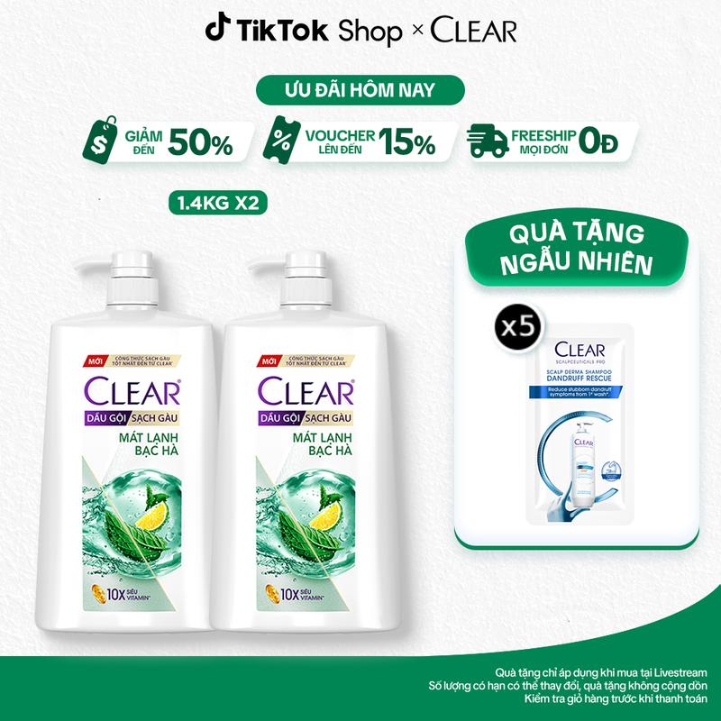 [1] Combo 2 Dầu gội CLEAR Bạc hà Dầu Gội Sạch gàu Mát lạnh với 3X Hỗ Trợ Ngăn Gàu, Ngứa và Vi Khuẩn 1.4kgx2