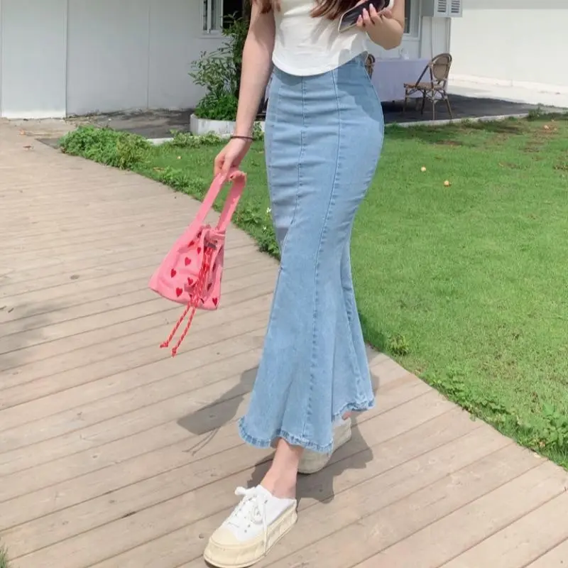 Denim Mermaid Skirt Women's High Waist Slim A-line Elastic Mid-Length Hip Skirt  Women jeans