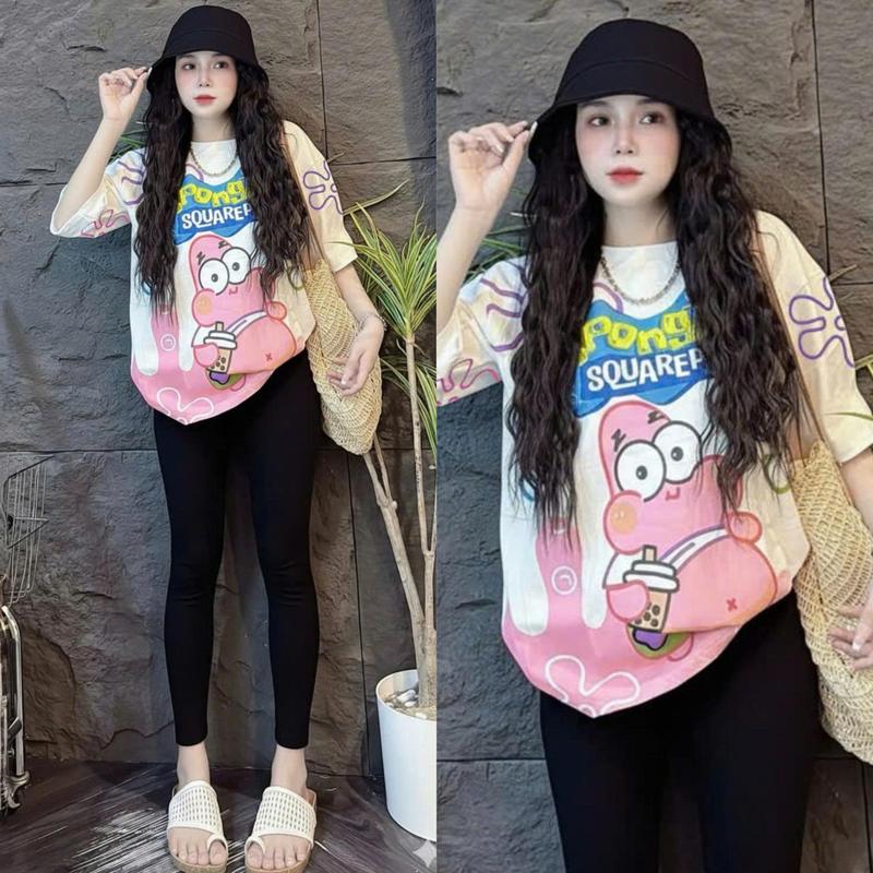 { Chất Liệu Gân Tăm } Set Đồ Bộ Nữ Quần Ôm + Áo Fom Rộng In Hoạt Hình BỌT BIỂN Xinh Xắn Bigsize 45-85KG Mặc Nhà TOP NU