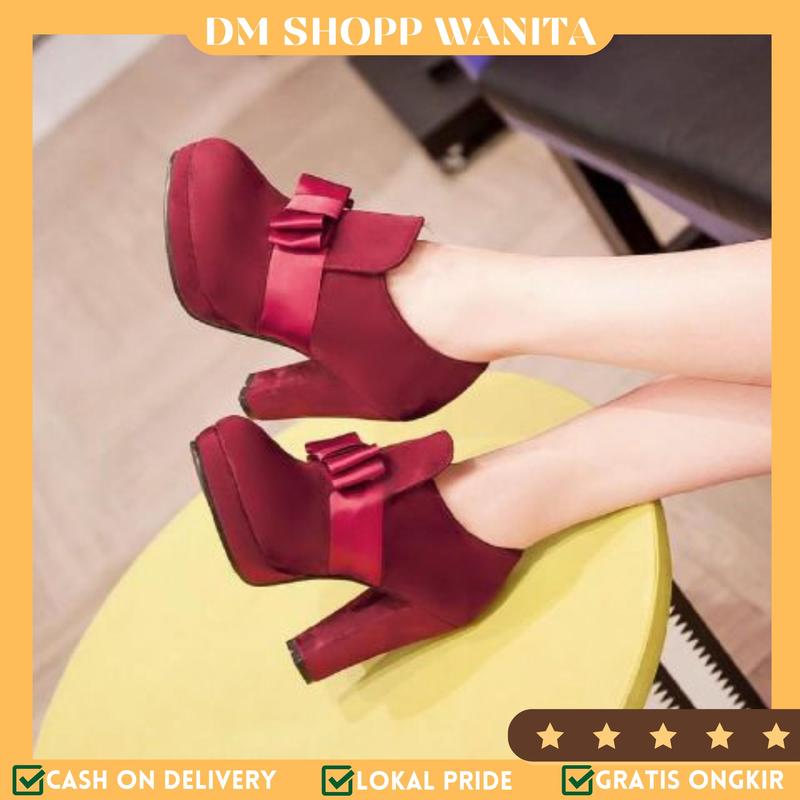 DM SHOES - SEPATU BOOT WANITA KOMBINASI PITA TUMPUK SUEDE HAK 9 CM SDP  013 0