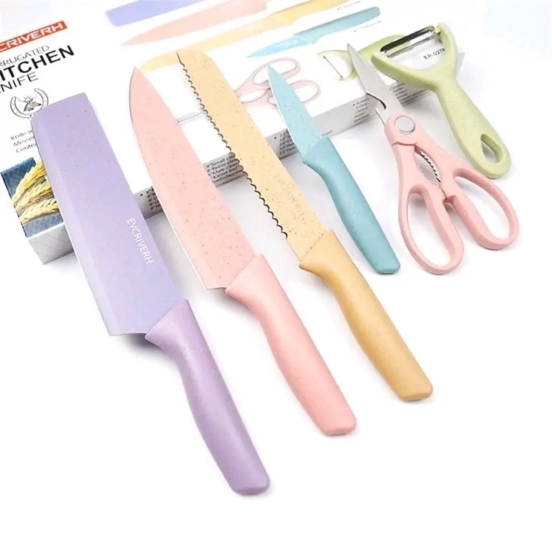 Pisau Dapur Set 6in1 Lapisan Stainless Anti Lengket | Pisau Dapur Viral Macaron Kitchenware Steel