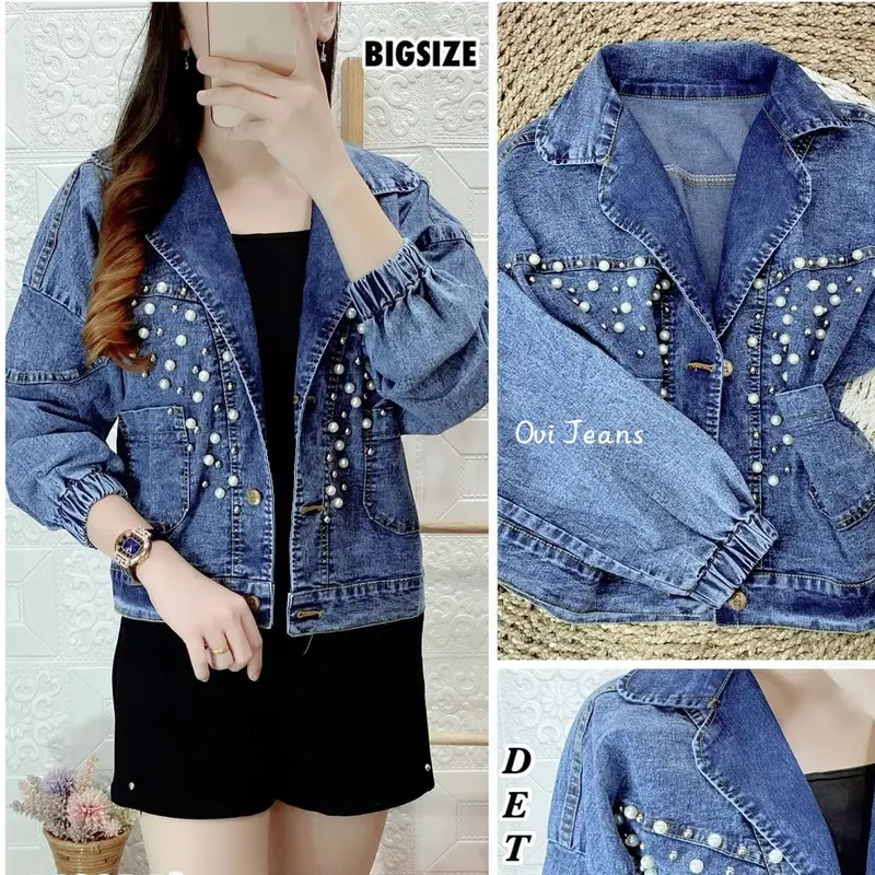 OVI - Jaket Jeans Wanita Brokat Mutiara Jumbo - Premium Quality Jeans Stretch 1