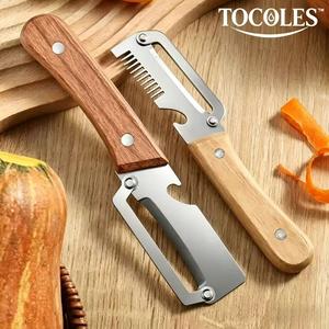 Pelador de verduras multifuncional para cocina, cuchilla ultra afilada de acero inoxidable con mango de madera y abrebotellas, para verduras o frutas que necesitan ser peladas (2 piezas)