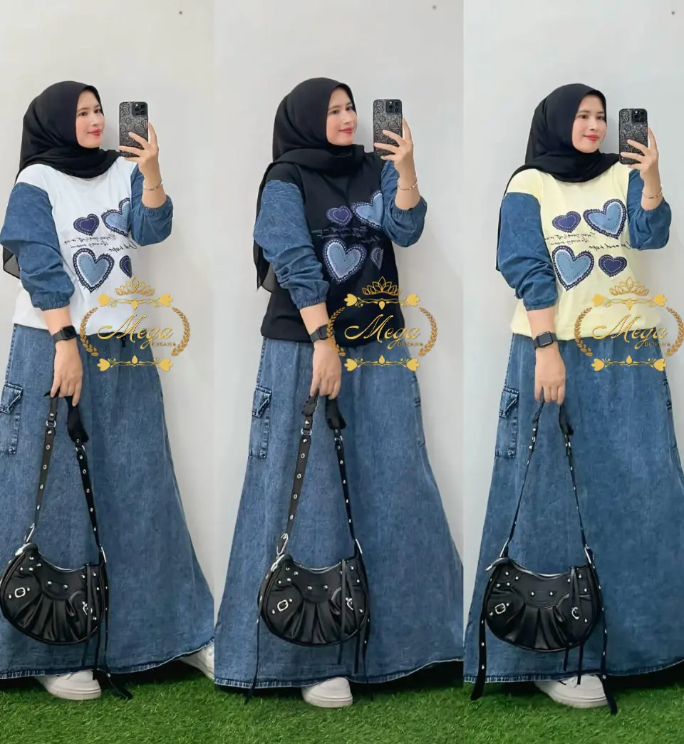 Love Set Rok Jeans Wash Mix Kaos Combed Lengan Panjang Setelan Wanita Viral Modis Trendi Best Seller