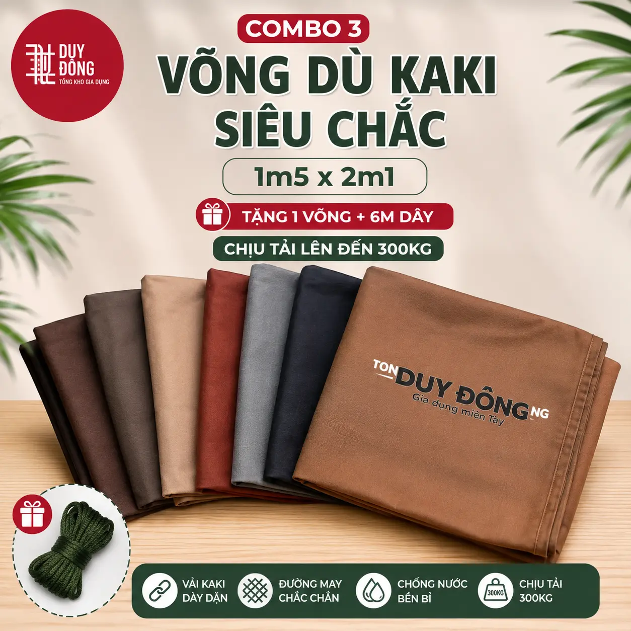 Lẻ & [Combo 3 Võng Tặng 1 Võng] - Võng Vải Dù Kaki Siêu Dày Bền Chắc - Khổ Lớn 1m5x2m1 - Mát Mịn, Chống Muỗi, Chịu Tải 300kg + Tặng Kèm 6M Dây - Dùng Gia Đình, Kinh Doanh Quán Cafe, Du Lịch - Giá Tận Xưởng Tận Gốc.