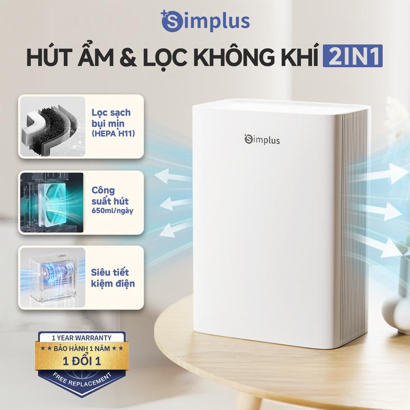 SimplusHome Máy Hút Ẩm và Lọc Không Khí PM2.5 CUSH005, Công Suất Hút 650ml/ngày, Bình Chứa Nước 1.5L, Vừa Hút Ẩm Trời Nồm, Vừa Lọc Không Khí, Bụi Mịn, Bảo hành 1 năm chỉ đổi không sửa
