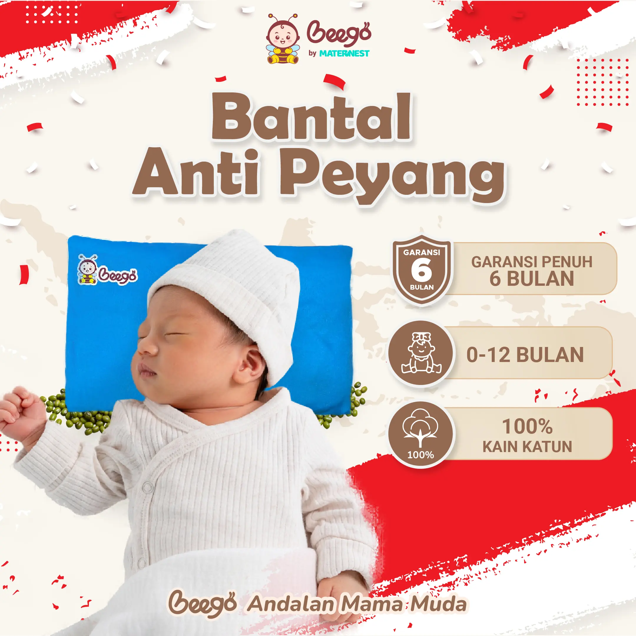 Bantal Anti Peyang Beego Kulit Kacang Ijo Bayi Bunda