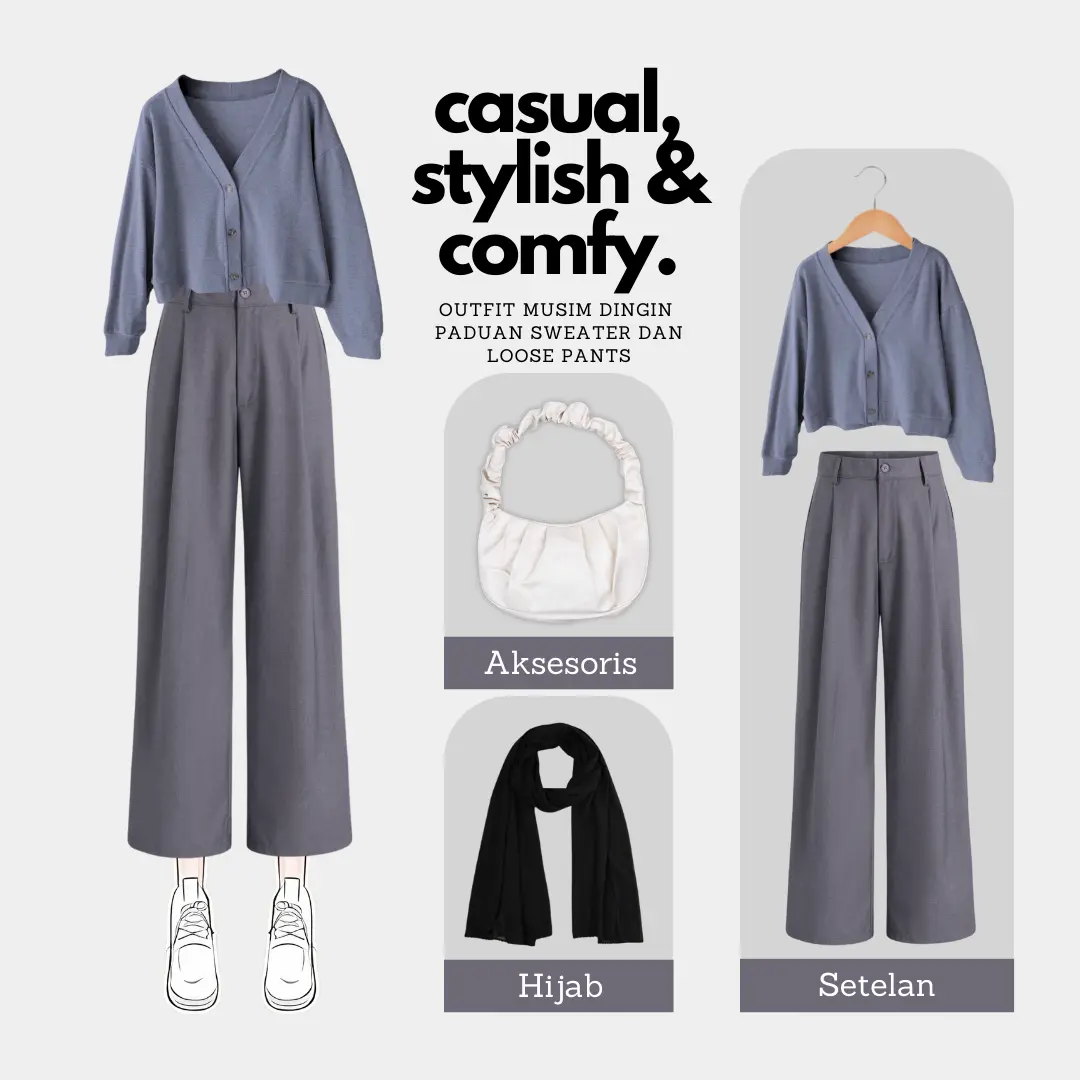 Baju One Set Wanita Casual Outfit -Cardigan Crop Top, Celana Kulot Highwaist Loose Pants, Jilbab Pashmina Ceruty, Tas Bahu Elegan Lucu LQ053 Setelan Dewasa Denim Simple one  set
