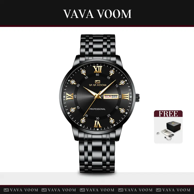 Jam Tangan Pria VAVAVOOM 2461 Luxury Rantai Tahan Air Stainless Steel Analog Quartz + Kotak Gratis Kaca Watches