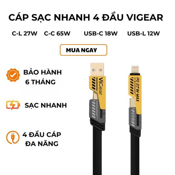  Cáp Sạc Nhanh ViGear 4 in 1 C to L 27w và Type-C 65W cho lp và Samsung dài 1m sợi cáp bọc dù đầu kim loại phụ kiện sạc điện thoại 