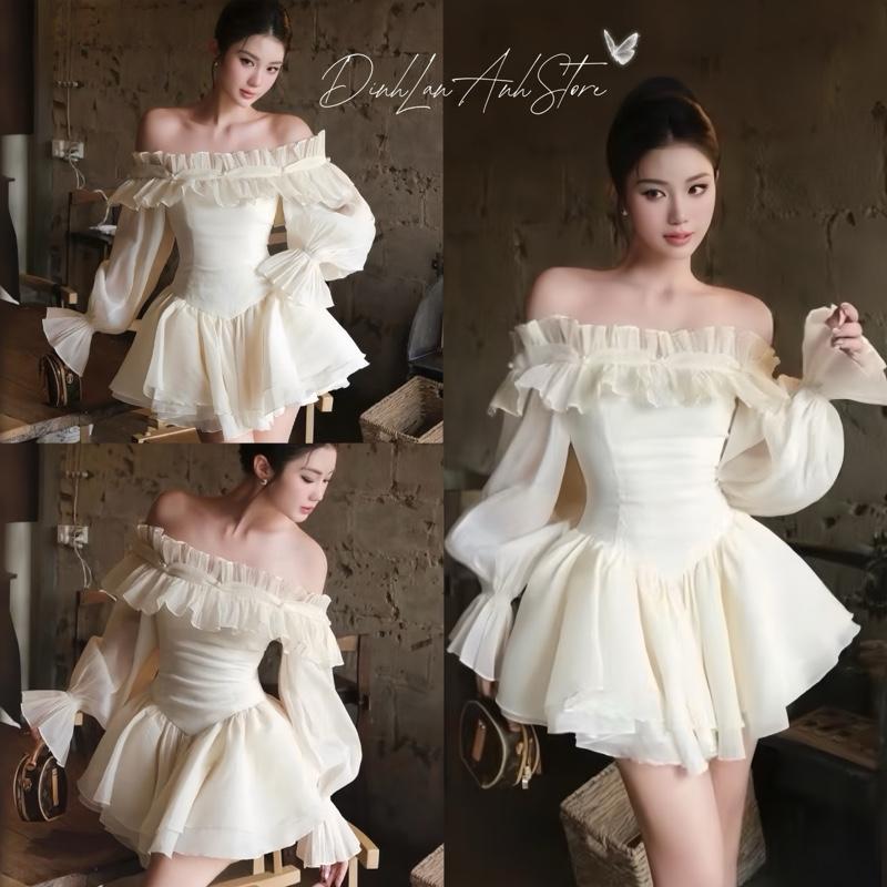 HÀNG 4 LỚP Váy Tiểu Thư Trễ Vai Nút Ngọc Tay Bồng Dáng Xoè Sang Chảnh kèm quần rời - DinhLanAnhStore