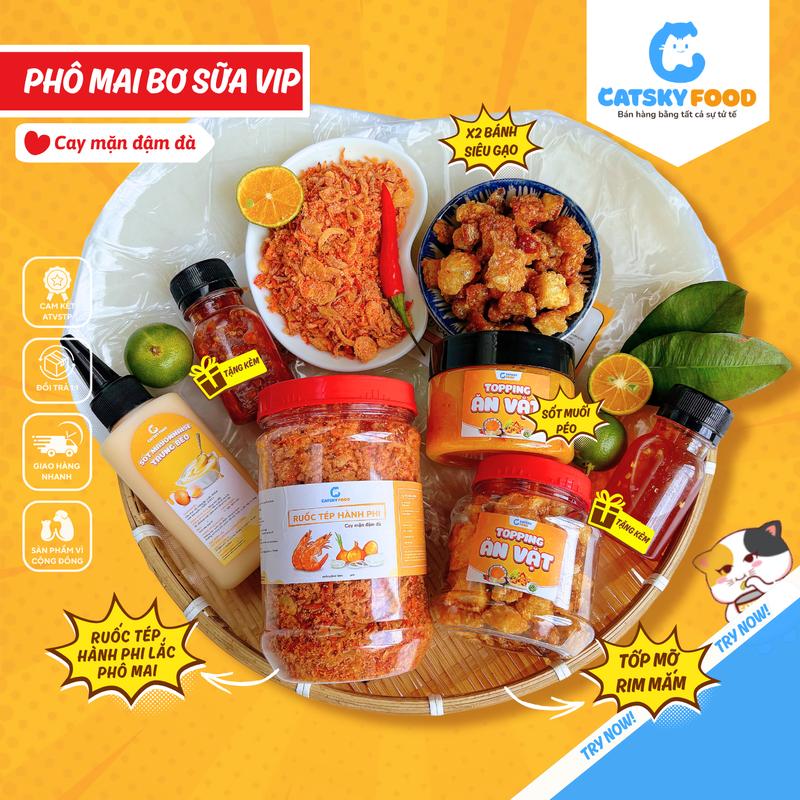 Combo Phô Mai Bơ Sữa VIP - Bánh Tráng Phơi Sương - Catsky Food - Ruốc Tép Khô Hành Phi Lắc Phô Mai BƠ Thơm Ngon Ăn Vặt Snack Food Combobanh Trang Tuổi Thơ