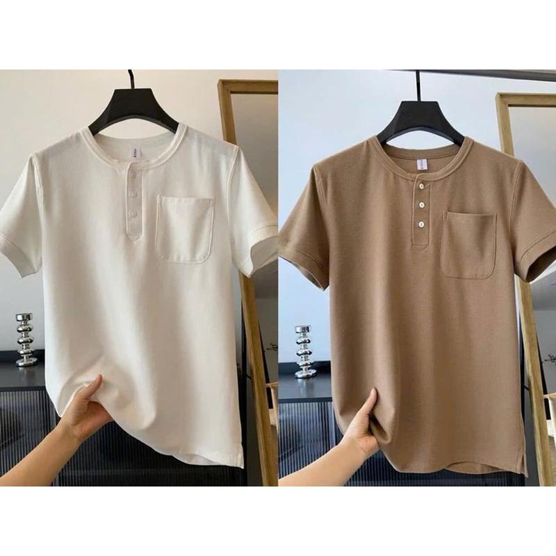 Áo phông nam cổ tàu 3 cúc túi ᵰgực Menswear Cotton mới nḣất Pique Cộc Tay 0