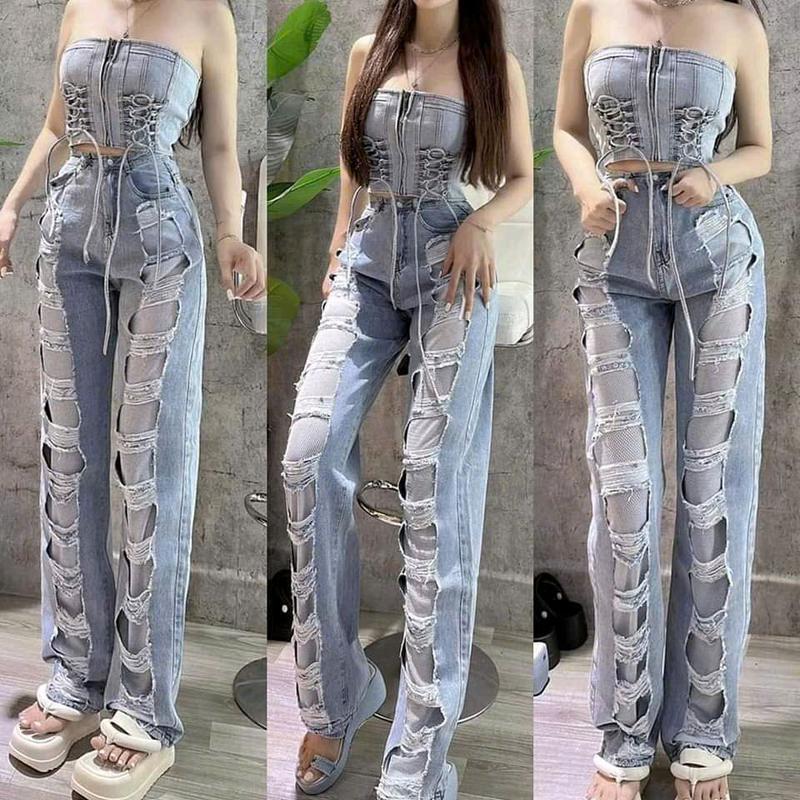  QUẦN JEAN BAGGY SUÔNG  RÁCH LƯỚI  CẠP CAO size sml chất jeans không giãn 