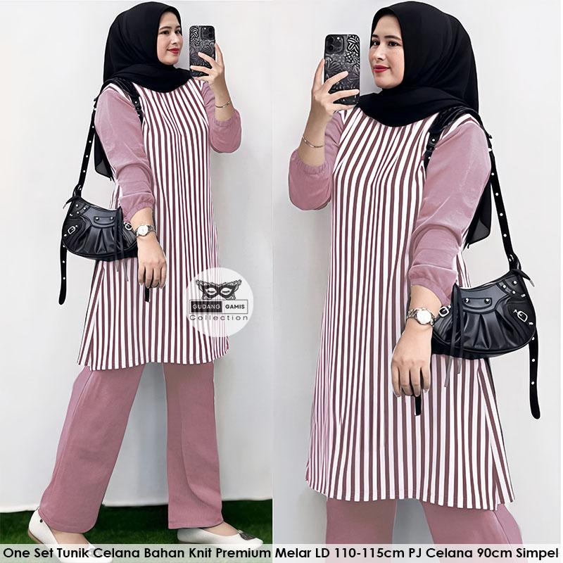 Setelan Tunik Kekinian Raisa Set Bahan KNIT PREMIUM LD 110-120cm PJ Celana 90cm One Set Viral Terbaru 2025