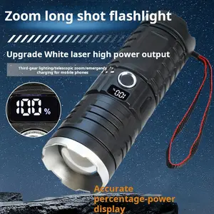 Senter laser putih berdaya tinggi penerangan luar ruangan cahaya kuat tahan air tampilan digital senter isi ulang multifungsi Camping