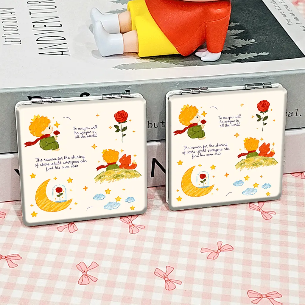 Portable Foldable Makeup Mirror, Little PrinceRoseFoxStars Pattern, Mini Hand Cosmetic Mirror, Student Pocket Mirror, Trendy Compact Mirror, Cute, Double Sided Mirror, Non-Slip Handheld