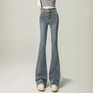 Jeans Wanita Pinggang Tinggi Elastis Berkobar dengan potongan raw-edge, desain baru celana flare ramping 8808