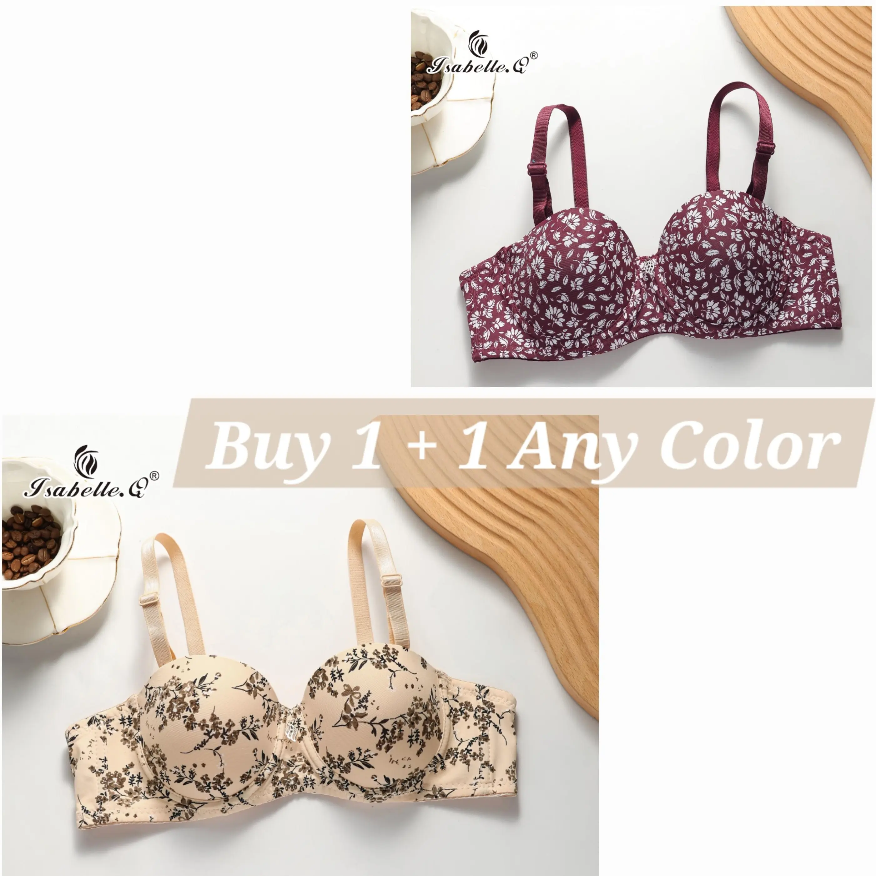 Isabelle.Q Boutiques Buy1Take1 Zhh68 Big Discount Floral Print Strapless Stick On With Wire Push-up Cup A Bra Womenswear Lingerie Lady Comfort Cute