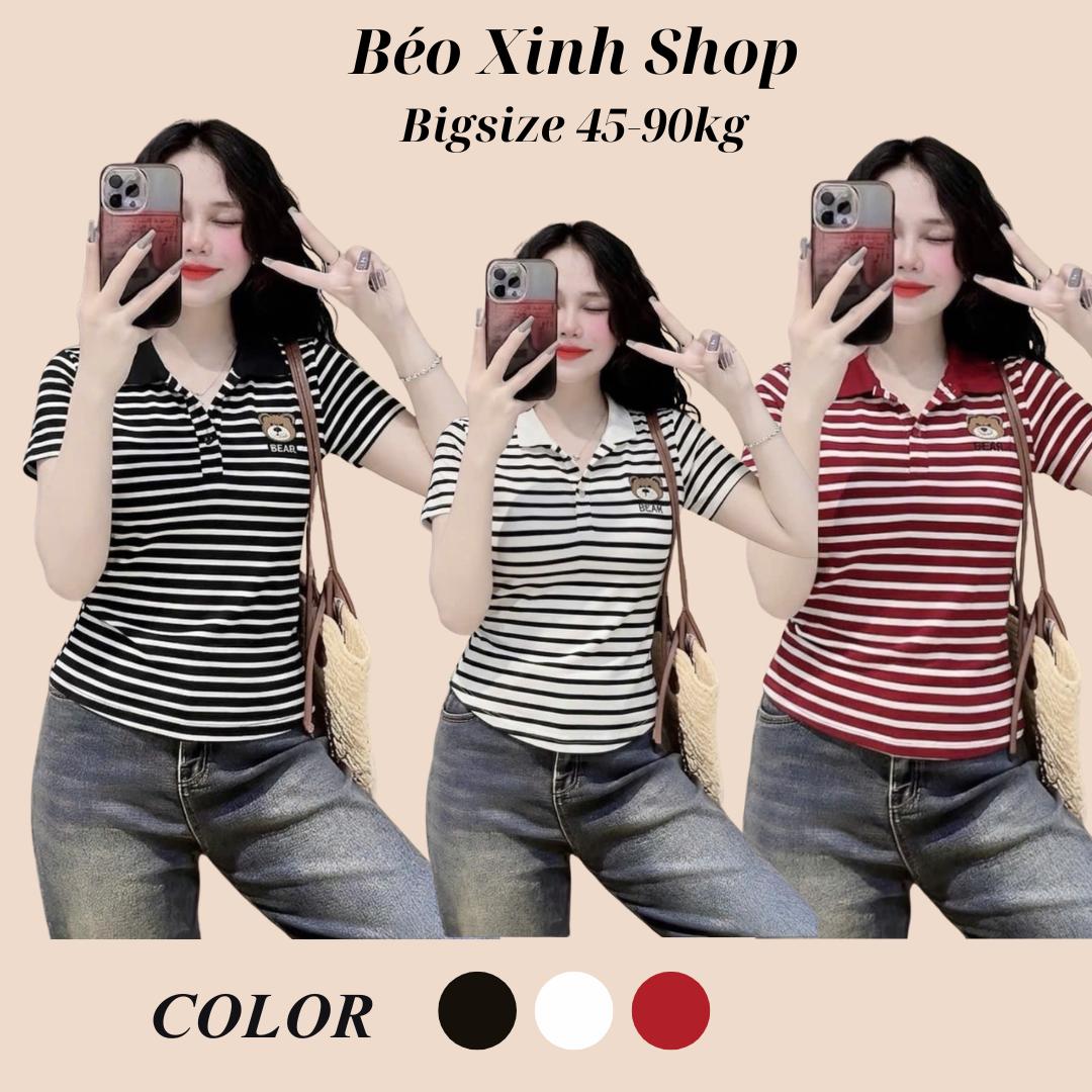 Bigsize Sài Gòn Áo Thun Nữ Cổ Polo Vải Borit Sọc Thêu Gấu Cao Cấp Thanh Lịch Bigsize 45–90kg Dễ Thương Nữ Women Top Nhung - B.1692