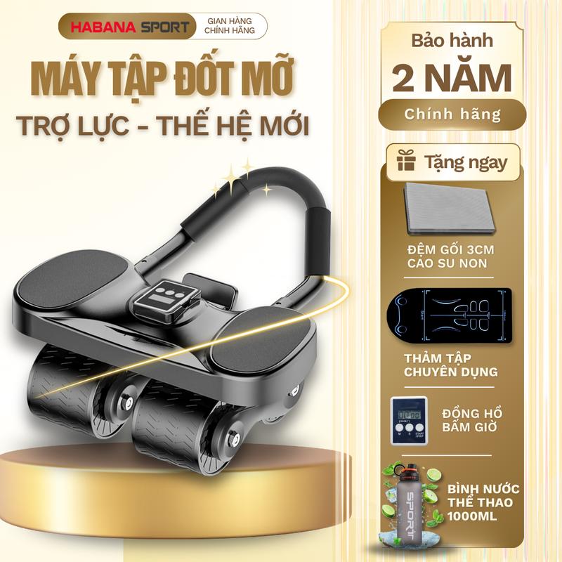 [HABANA SPORT]Máy Tập Bụng 4 Bánh Thế Hệ Mới 2025 + Thảm Chuyên Dụng + Đệm Kê Gối 3cm [TẶNG] Đồng Hồ + 2 Dây Nhảy Hoặc Bình Nước Sport 1l - Bánh Trợ Lực Cao Su, Chịu Tải 200Kg