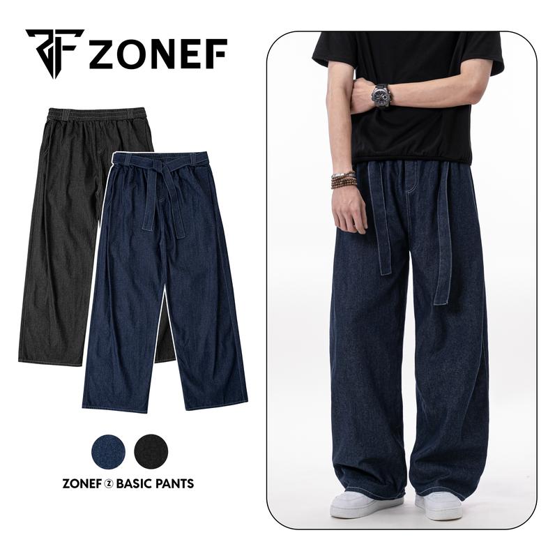  Quần Denim Form Rộng Cạp Chun Xếp Ly Kèm Đai Lưng By Zonef Quần Jean Cotton Ống Rộng Nam Nữ Unisex Style Trẻ Trung Cá Tính 