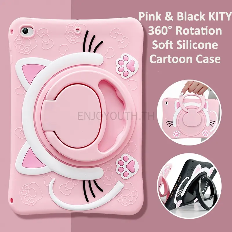 Samsung Tab A8 2022 SM-X205 X200 / S6 Lite Pink Black Kity Silicone Case 360 Rotation Casing for Samsung Tab A7 T500 T505 A7 Lite SM-T225 Tab A 8 SM-T295 10.1 T515 Stand Cover
