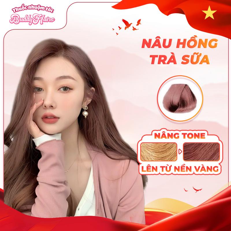 Thuốc nhuộm tóc màu Nâu hồng trà sữa , Nâu trà sữa hồng cần dùng tẩy tóc phiên bản độc quyền buddyhairs,buddy.hair