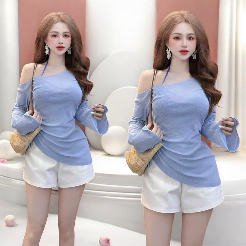 ( KHÔNG KÈM HOA ) Set quần áo thiết kế CRAZYTEEN S5970 dành cho nữ gồm áo thun tay dài kiểu lệch vai và quần short để đi chơi ( Áo thun tay dài/ Quần short/ Áo bra cột dây yếm ) áo cách tân cho nữ áo kiểu che mỡ bụng áo trễ vai 1 bên nữ kiểu